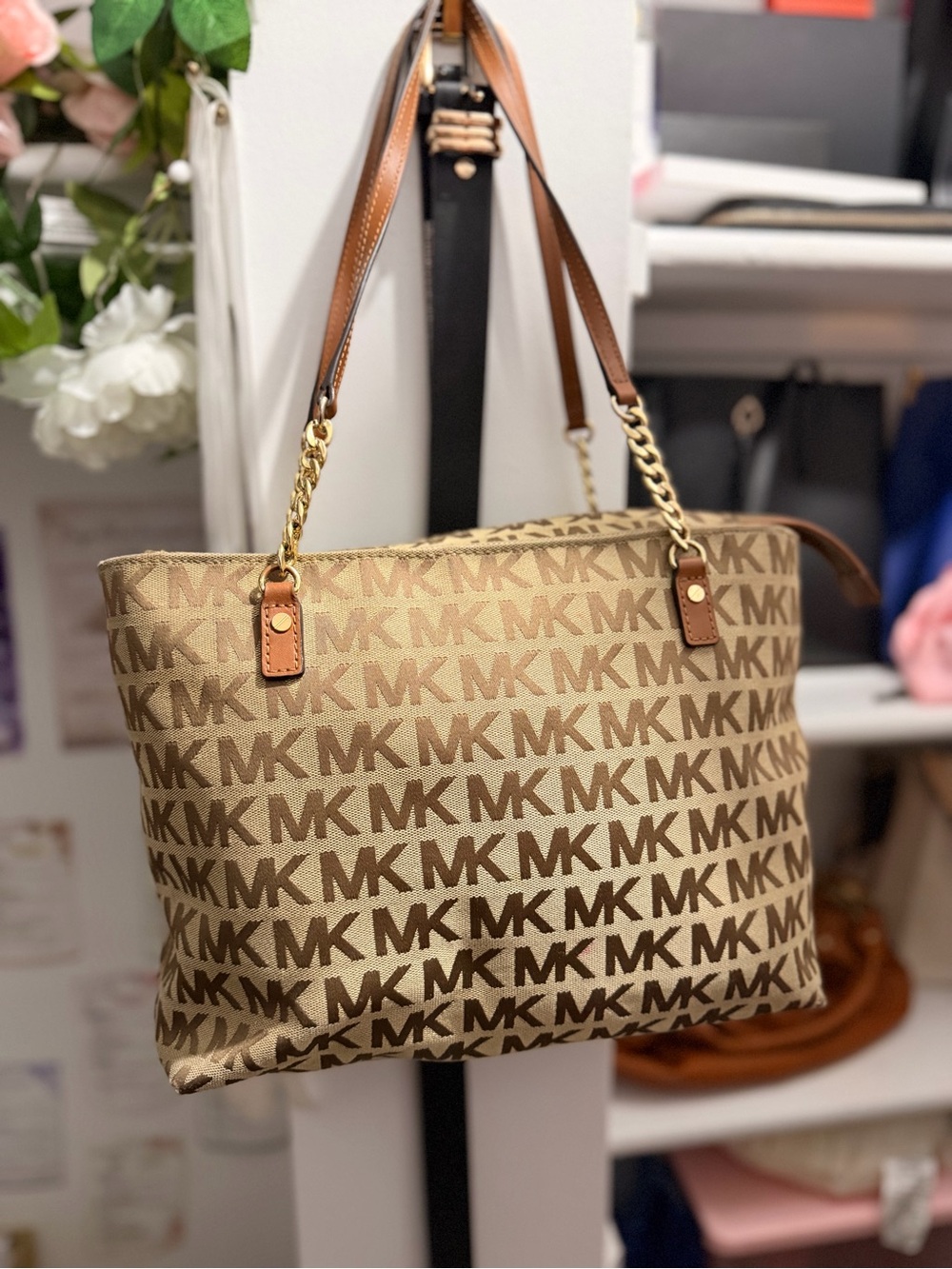 Michael Kors Beige/Tan MK Logo Chain-Handle Tote